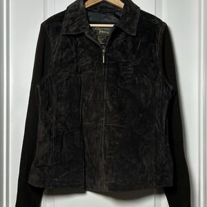 Fabio Vintage Y2K Genuine Suede Leather Black Mixed Media Knit Sleeve Zip Jacket